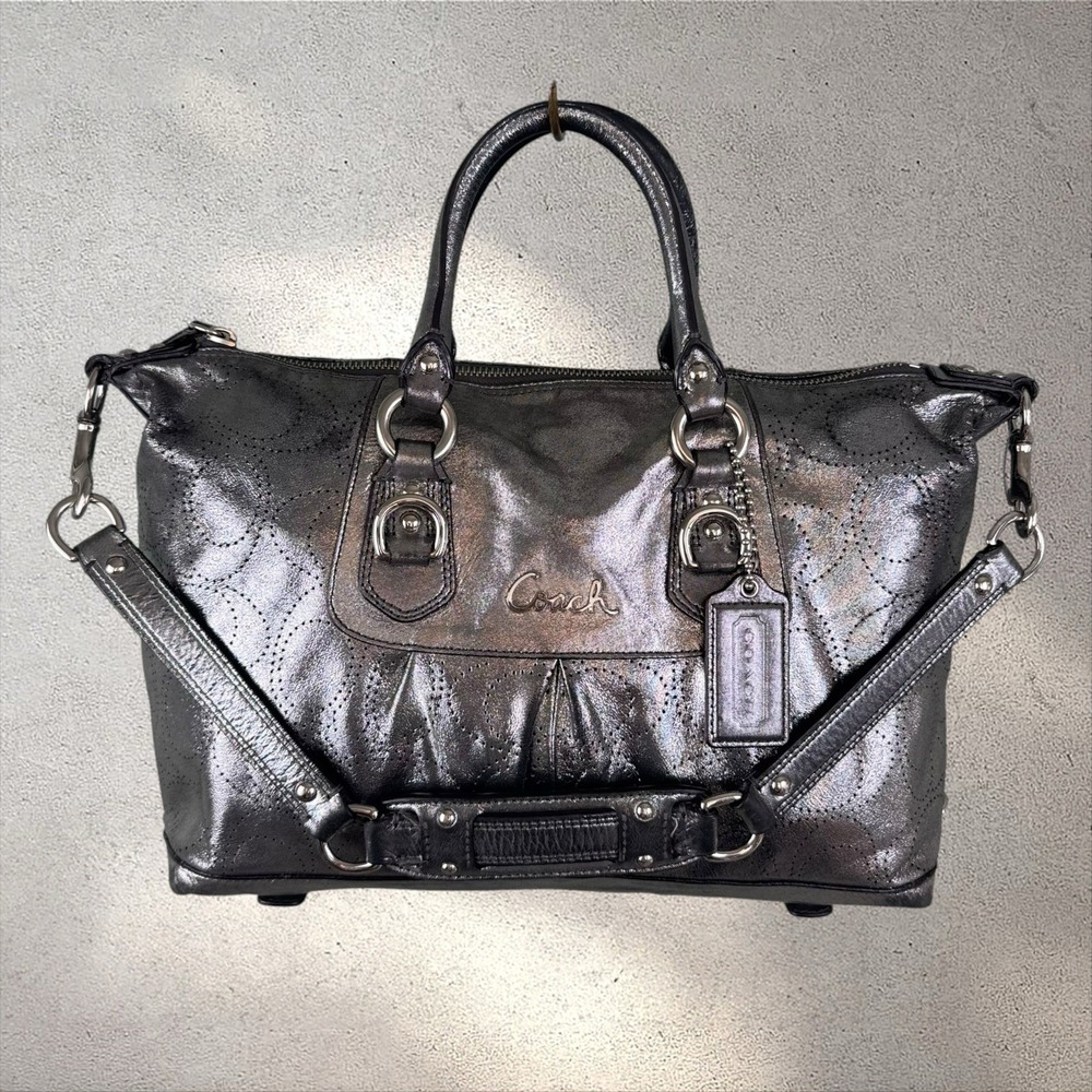 COACH Ashley Perforated Metallic Gray Leather Satchel Handbag F17130 Y2K 13x8x5